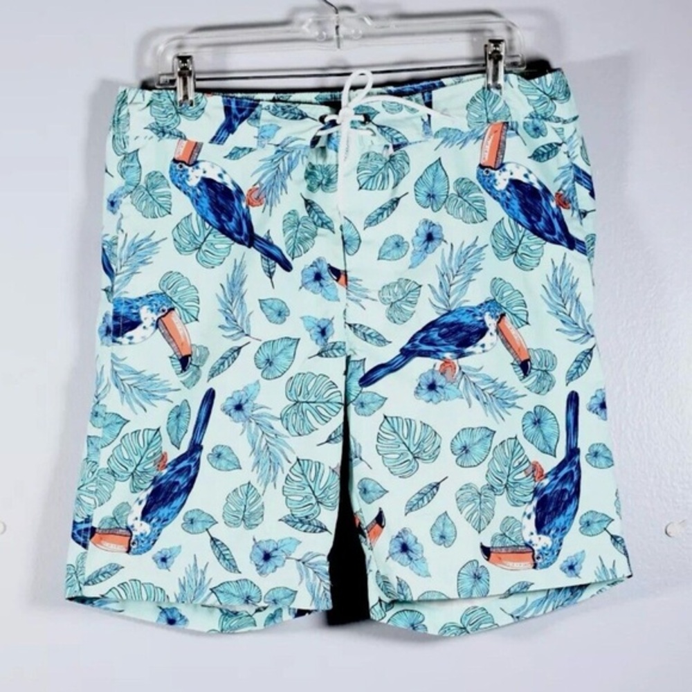 St John’s Bay Men Size M Blue Floral Bird Board Shorts Drawstring